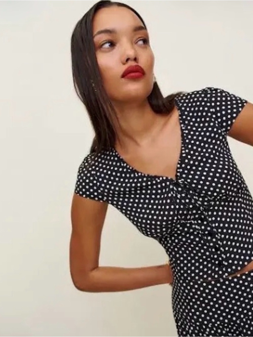 Reformation Black & White Polka Dot Tie-Front Crop Top